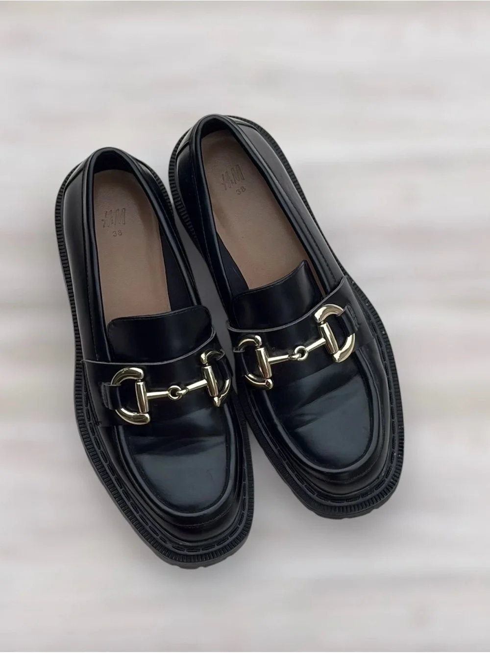 H&M Chunky Platform Loafers Black Gold Horsebit Sz 38 Like New!